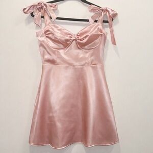 Lucy In The Sky Pink Satin Bow Strap Mini Dress Sweetheart Bustier A line Ruched